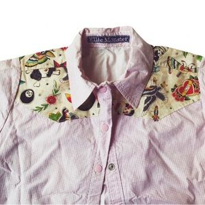 Ellie Monster Handmade Rockabilly Baby Pink Plaid Sailor Jerry Button Up…